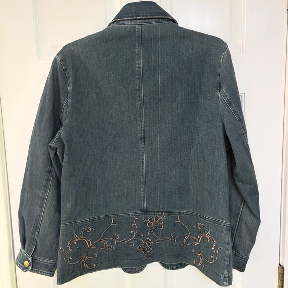 Tantrums Denim Jacket L Full Zip Pink Embroidery Studded Fitted Point Hem Blazer - Picture 3 of 9